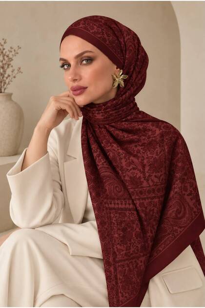Retro Desen Pamuk Soft Şal Bordo