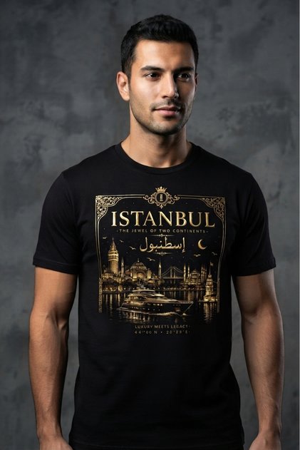 Istanbul Gold Designed Unisex Black Oversize / Regular Fit 100% Cotton T-Shirt