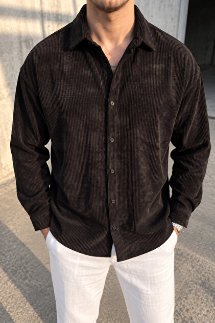 Men's Regular Fit Corduroy Long Sleeve Shirt - Black