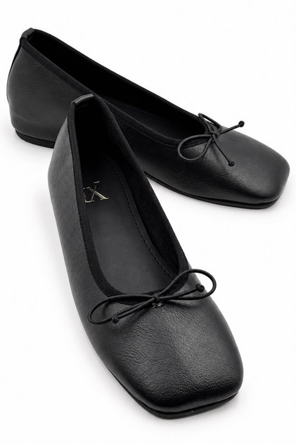 Fly Women's Black Leather Blunt Toe Thin Bow 3cm Hidden Heel Flat Sole Ballerina Ballet Shoes