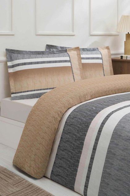 Ranforce -Listrado Orange- Double Duvet Cover Set with Elastic Sheets
