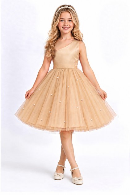 Girl's One Shoulder Short Dreamy Tulle Special Occasion Dress with Pearls