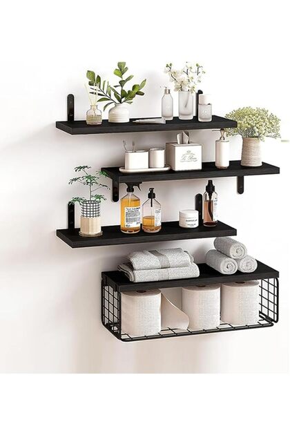 4 Pcs Black Floating Wall Shelves, Rustic Wood & Metal Wall-Mounted Storage Racks with Mesh Guard, M
