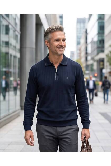 Erkek Polo Yaka Oysho Kumaş Yumuşak Doku Kalın Fitilli Dik Çizgili Desen Fermuarlı Uzun Kollu Mevsimlik T-Shirt