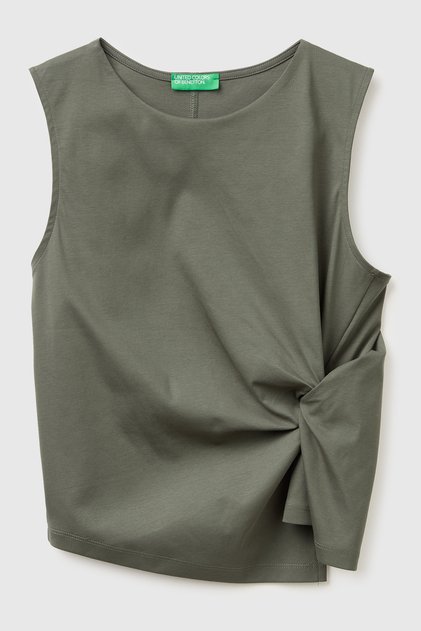 Women's khaki 100% cotton sleeveless t-shirt with front knot detail