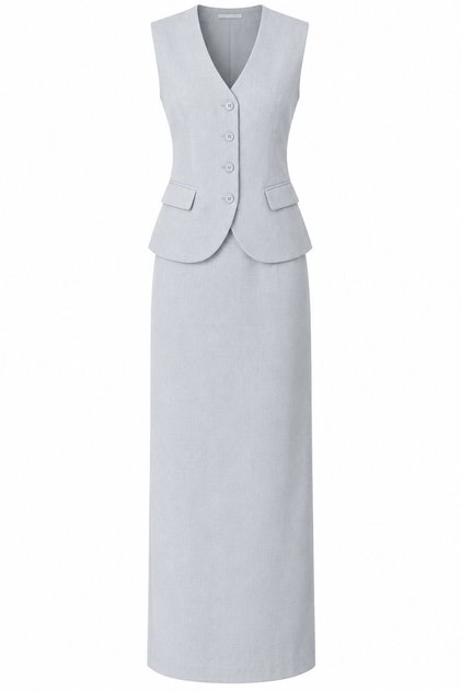 Gray Buttoned Vest-Skirt Set - 24Tk4076