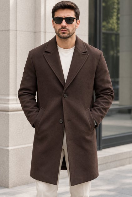 Men's Classic Collar Single-Breasted Regular Fit Long Coat - Brown