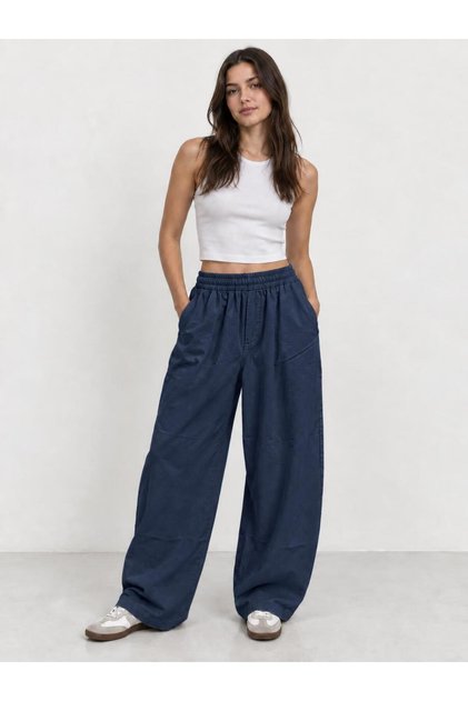 Women's Navy Blue 8124 Wide Leg Elastic Waist Pants