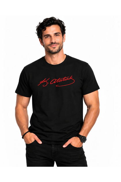 Ataturk Signed Black Premium Unisex 100% Cotton Red Printed T-Shirt