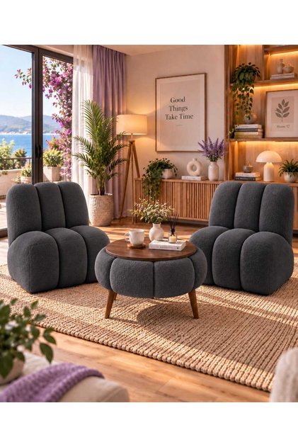 Rosella Teddy Kumaş 2’li Berjer & Puf Sehpa Çay Seti Oturma Grubu Berjer Koltuk– 32 DNS Sünger, Gürgen İskelet ANTRASİT