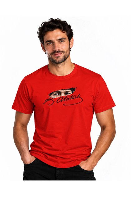 Ataturk Eyes and Black Signature Printed Unisex 100% Cotton Premium Red T-Shirt