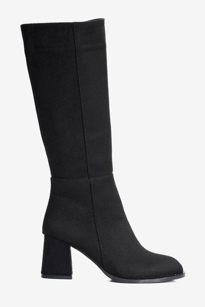 Women's Suede Boots Round Toe Thick Heeled Zippered Greta Black