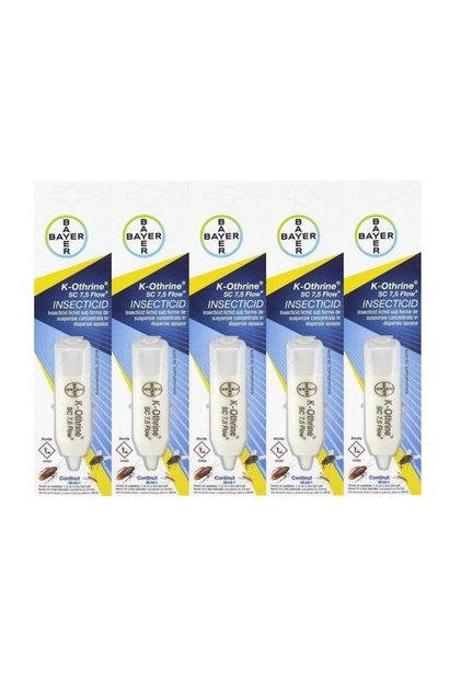 Set de 5 flacoane x 25 ml insecticid împotriva insectelor zburătoare și târâtoare K-Othrine SC7.5, BAYER, inodor, se aplică cu o pompă vermorel.