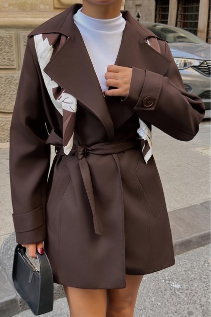 Women's Bitter Brown Double-Breasted Short Trench Coat Pc9005