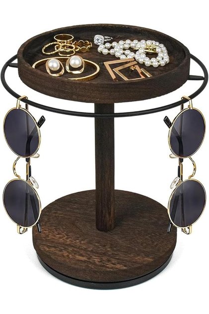 Rotating Sunglasses Organizer with Jewelry Tray, Wooden Glasses Holder Stand for Desk, Dresser, Tabl