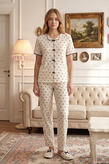 Women's Ribbon Pattern Short Sleeve Berlin Pajama Set 004 White03