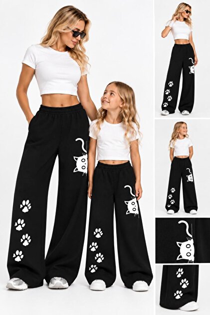 Mother-Daughter Combination Cat Printed Black Wide-Leg Sweatpants (Price Is for One Piece)