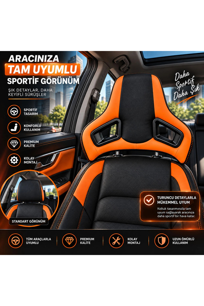 Universal Araç Koltuk Kafalığı Spor Yarış Tipi Lüx Deri Oto Başlık-Turuncu