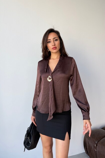 Brown Shawl Collar Blouse with Gold Brooch Detail