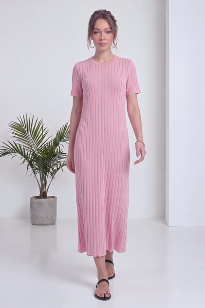 Women's Crew Neck Short Sleeve Ribbed Knit Dress Baby Blue, Khaki, Brown, Pink