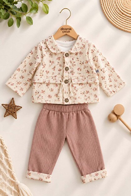 Girl baby 3-piece set floral patterned knitwear jacket seasonal top bottom set 6-9-12-18-24 months old