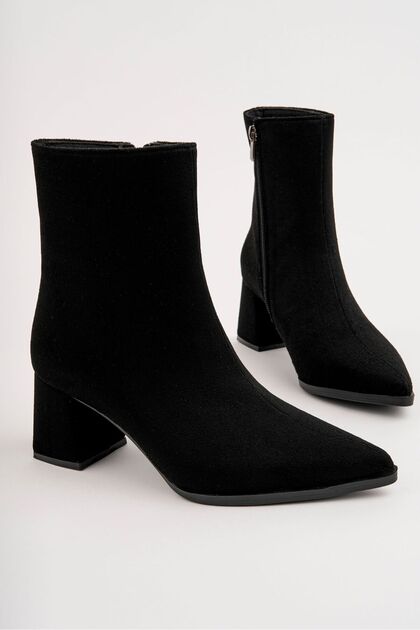 Milano Women's Black Suede 7 cm Heeled Boots Pointed Toe Zippered Stylish Daily Winter Short Boots