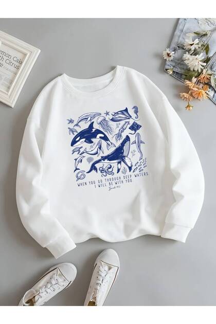 Kadın Balık Baskılı Üç İplik Şardonlu Sweatshirt