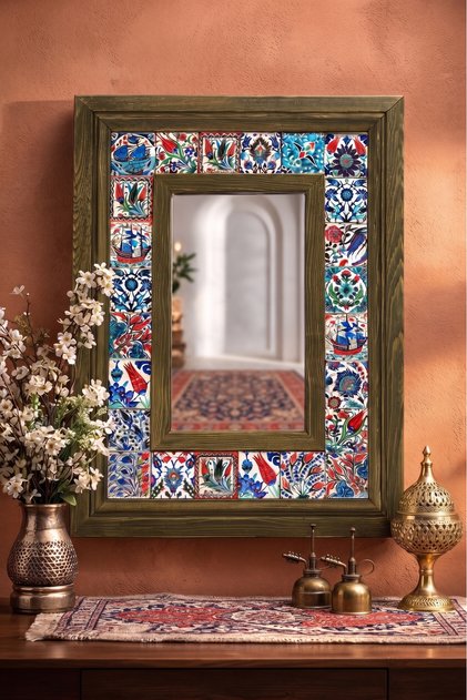 El Yapımı Çini Karolu Ahşap Çerçeveli Dekoratif Duvar Aynası (38x48 cm)-Tasarım