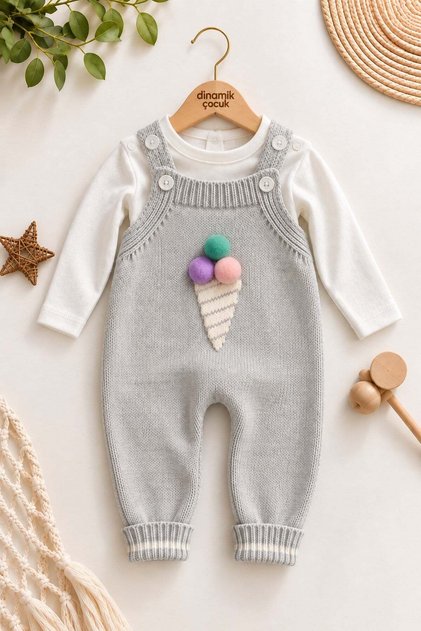 Baby Girl Ice Cream Detailed Pom-Pom Knitwear Salopet Jumpsuit Long Sleeve Bodysuit 2-Piece Set 3-6-9-12 Months