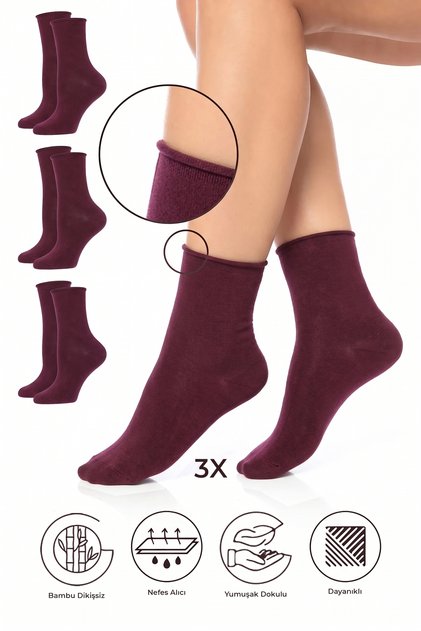 Bamboo Women's Elasticless Burgundy Seamless Premium Socks 3-Pack / Non-Marking / Non-Tightening Socks