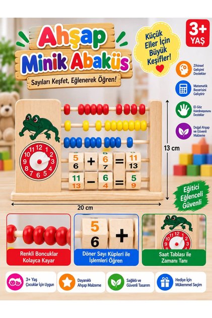 20 x 13 cm Mini Ahşap Abaküs – Saatli ve Matematik İşlemli Eğitici Oyuncak