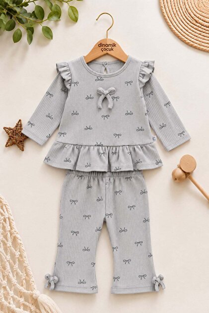 Baby Girl Bow Patterned Ruffle Ribbed 2-Piece Top and Bottom Set 3-6-9-12 Months