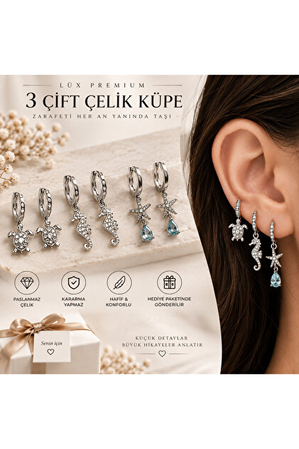 3 Çift Lüks Premium Çelik Küpe Seti,Kaplumbağa, Denizatı ve Deniz Yıldızı Figürlü Taşlı Kadın Küpe