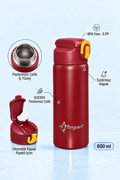 600 ml Çelik Su Matarası Sporcu Matarası Çocuk Pipetli Çelik Suluk Sızdırmaz SUS304 BPA Free