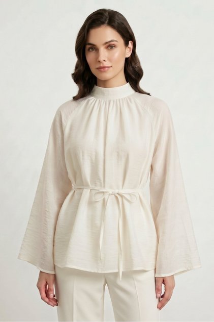 Ecru High Collar Lace-Up Wide Sleeve Oversize Blouse