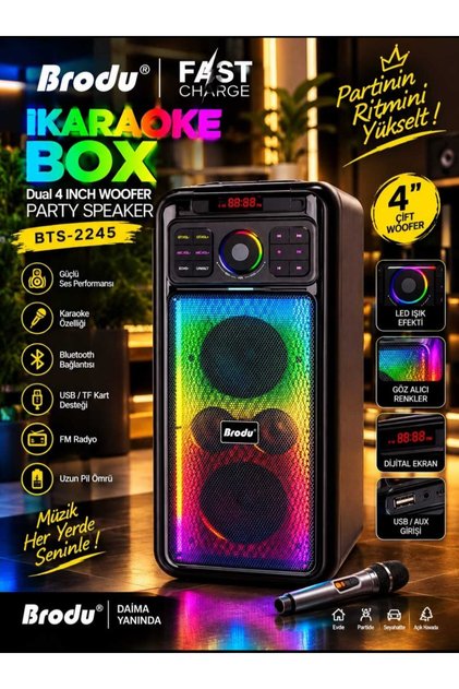 BTS-2245 Çift 4" 80W Woofer Kablosuz Karaoke Parti Hoparlörü | RGB Işıklı, Kablosuz Mikrofonlu