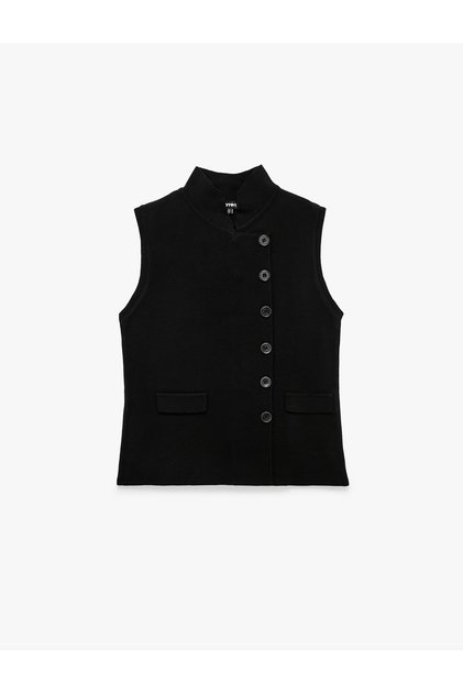 High Collar Buttoned Pocketed Sleeveless Knitwear Vest