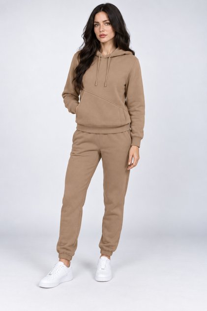 Women's 3 Thread Sweatshirt Set with Hooded Cutout Pocket Detail (Soft Puff Fabric) Cotton Women's Sweatshirt Set with Hooded