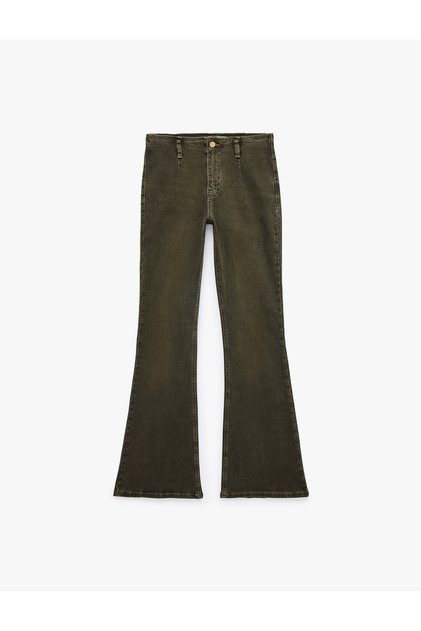 Regular Waist Buttoned Slim Fit Cotton Spanish Flare Denim Trousers - Flare Jeans