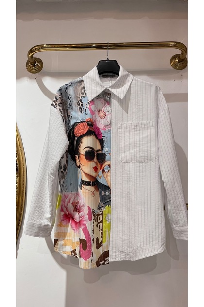. White Striped Frida Kahlo Printed Long Sleeve Women's Shirt