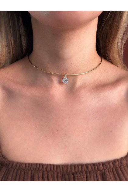 Çelik Damla Kesim Zirkon Taşlı İnce Choker Tasma Kolye