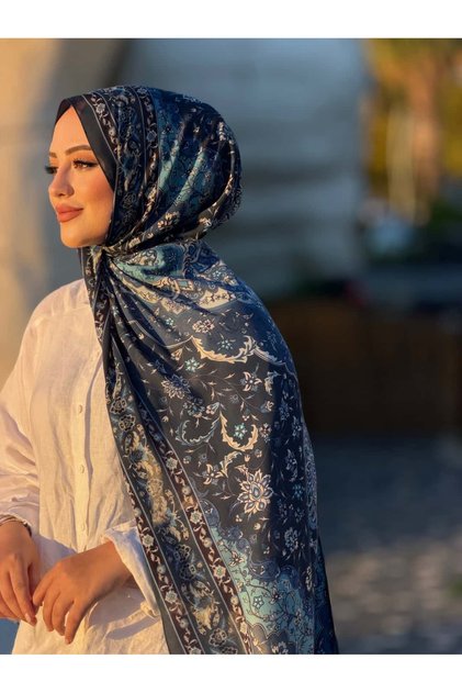 SÜKÛN Desenli Pamuklu Şal - Lacivert