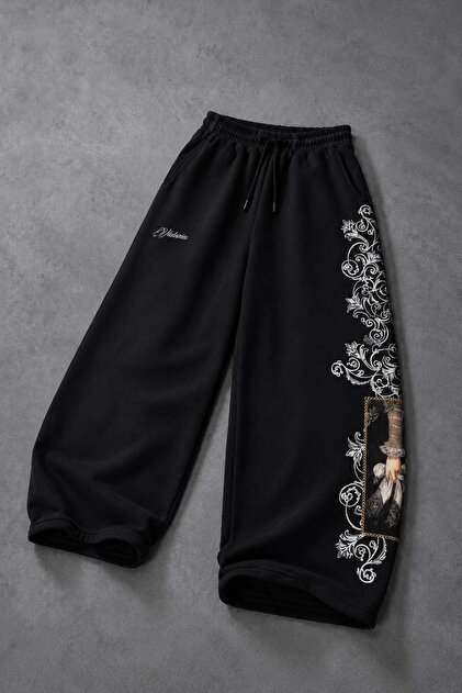 Pantaloni de trening largi pentru bărbați, negri, cu broderie Victories Patch