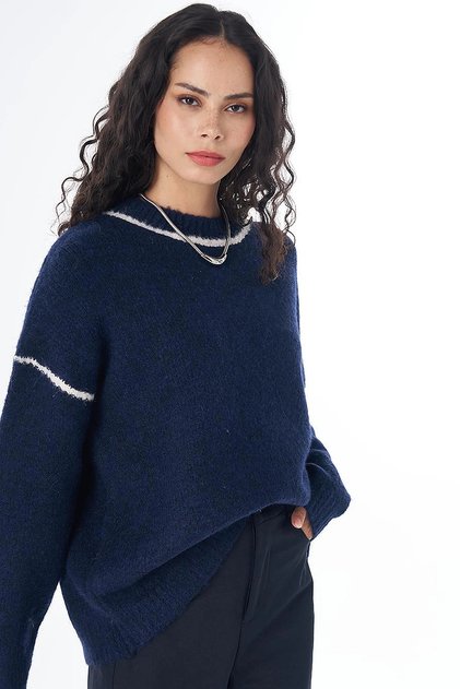 Stripe Detailed Knitwear Sweater Dark Navy Blue