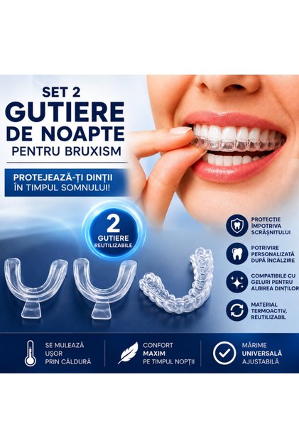 Set 2 Gutiere de Noapte pentru Bruxism, Termomodelabile, Universale, Reutilizabile, pentru Protectia Dintilor