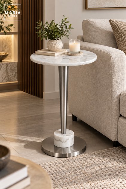 Modern Round Side Table | White Marble Look Top with Silver Pedestal Base, Compact Accent End Table for Living Room & Bedroom, 35 × 35 × 57 cm