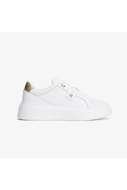 Kadın Düşük Bilekli TH Logo Detaylı Hakiki Deri Beyaz Sneaker