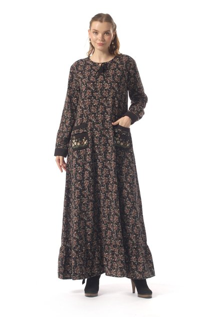 Long Sleeve Eleni Flannel Violet Pattern Winter Long Dress Black Syh
