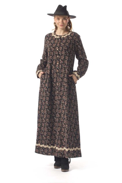 Feriha Flannel Buttoned All-Over Violet Pattern Long Sleeve Winter Long Dress Black Syh