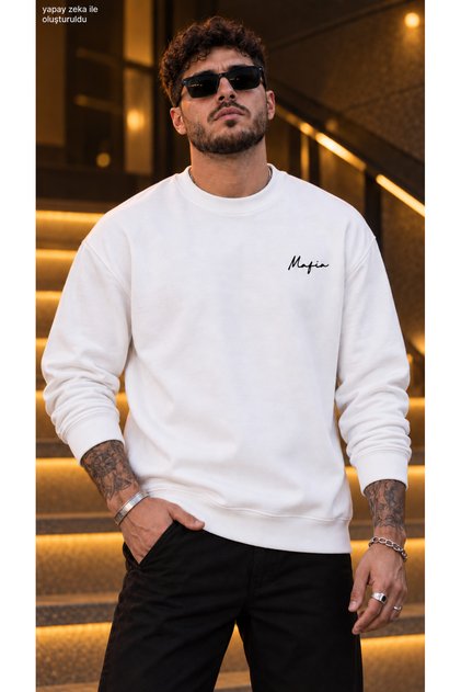 Men's Mafia Calligraphy Written Crew Neck Casual Regular Fit Sweatshirt